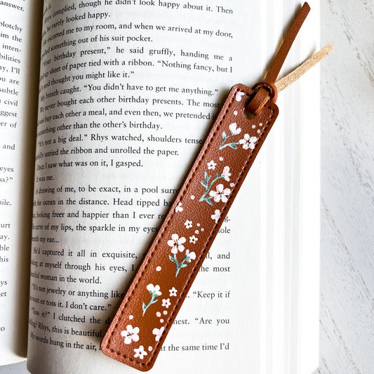 White & Pink Floral Leather Bookmark